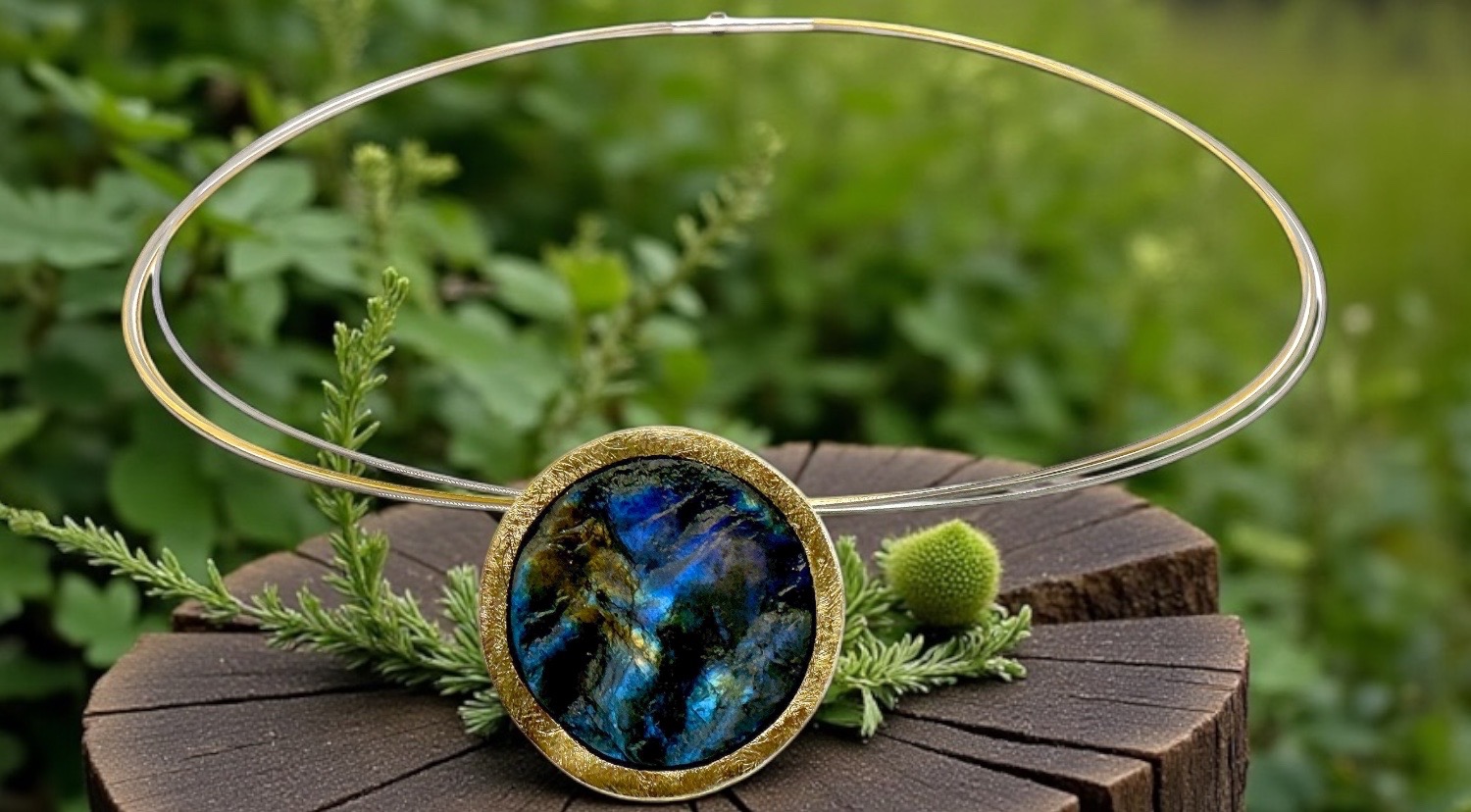 colgante labradorita bruto redondo plataa oro