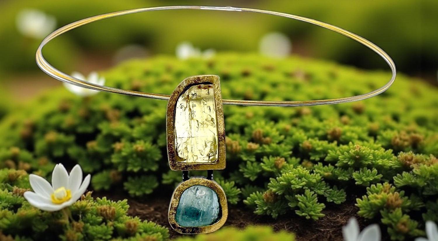 penjoll heliodor rectangular llarg i aiguamarina plata or