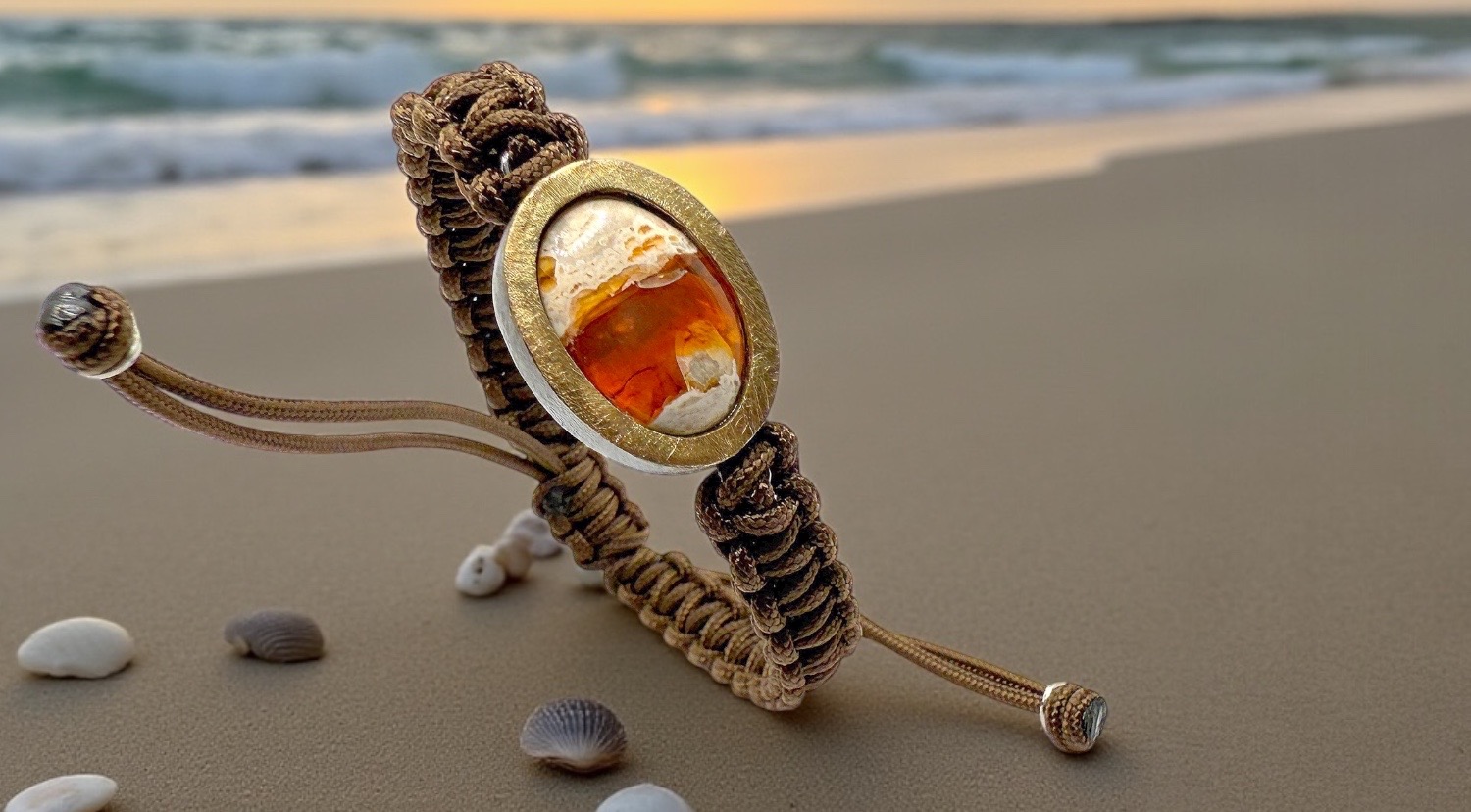 braÇalet opal foc cru oval macramÉ marrÓ plata or