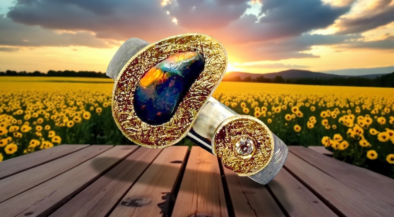 anillo opalo black rojo brillante plata oro