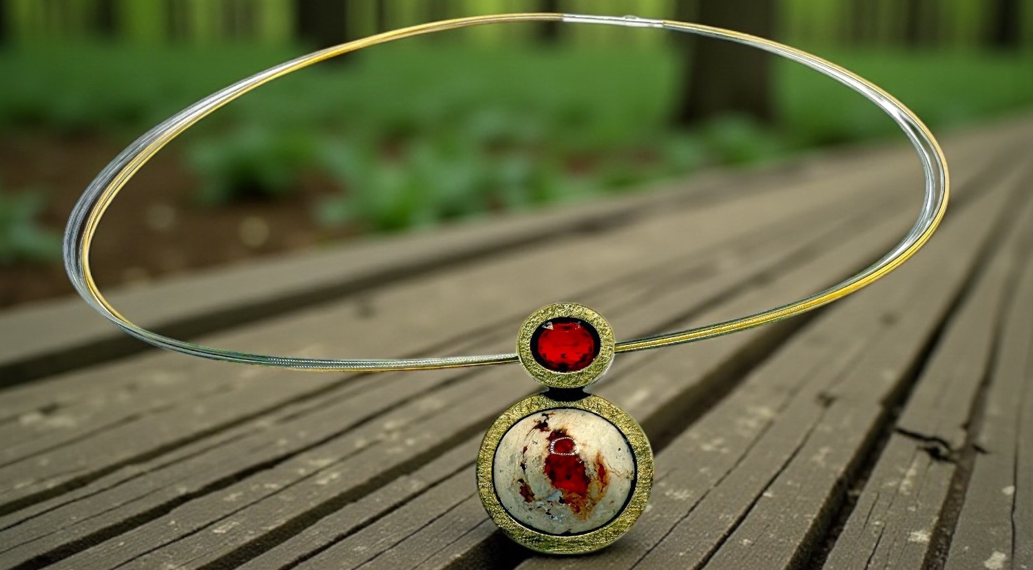double mexican fire opal pendant in silver and gols