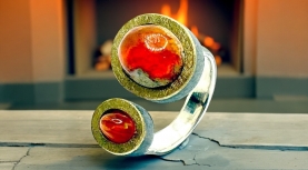 DOUBLE ORANGE MEXICAN FIRE OPAL RING IN SILVER AND GOLD
