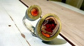 DOUBLE CHERRY MEXICAN FIRE OPAL RING IN SILVER AND GOLD