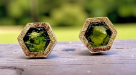 HEXAGONAL ROUGH PERIDOT EARRINGS IN SILVER AND GOLD