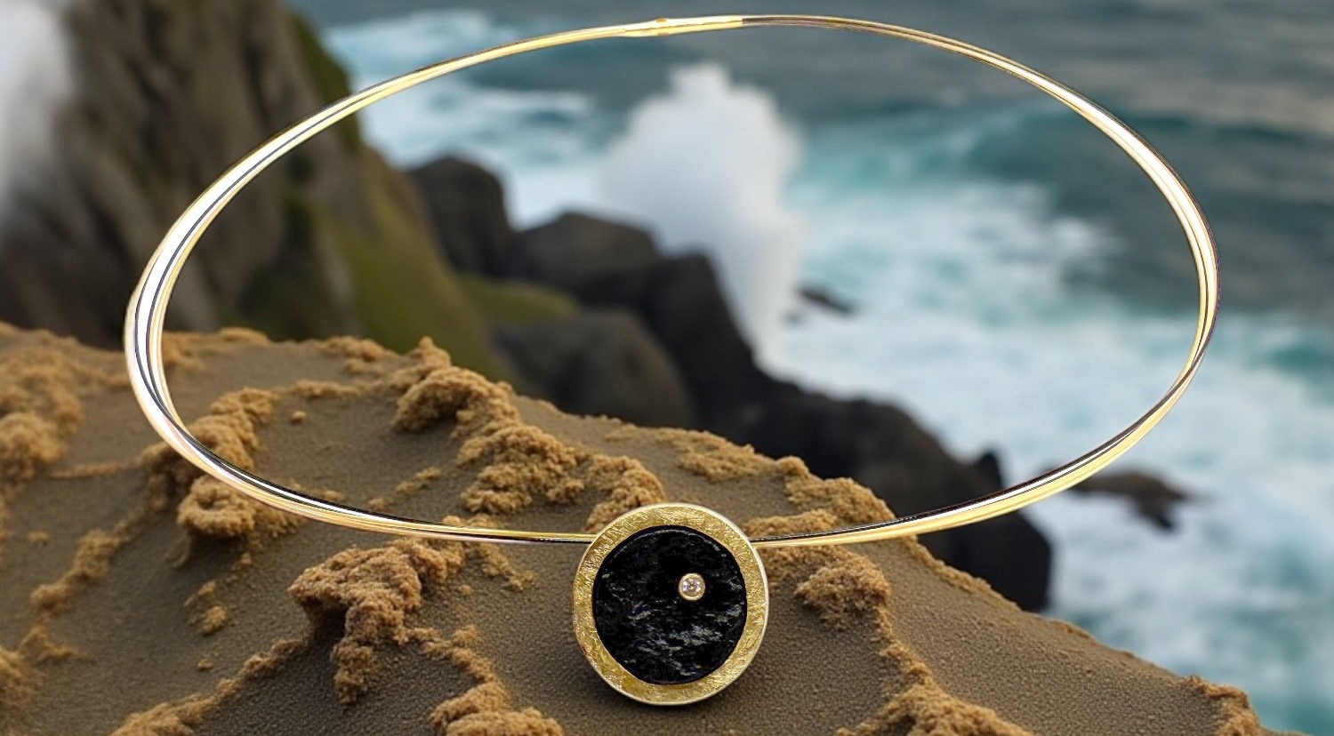 round rough black tourmaline pendant with diamond in silver and gold