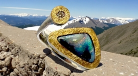 MOUNTAIN AUSTRALIAN BOULDER OPAL RING WITH DIAMOND IN SILVER AND GOLD
