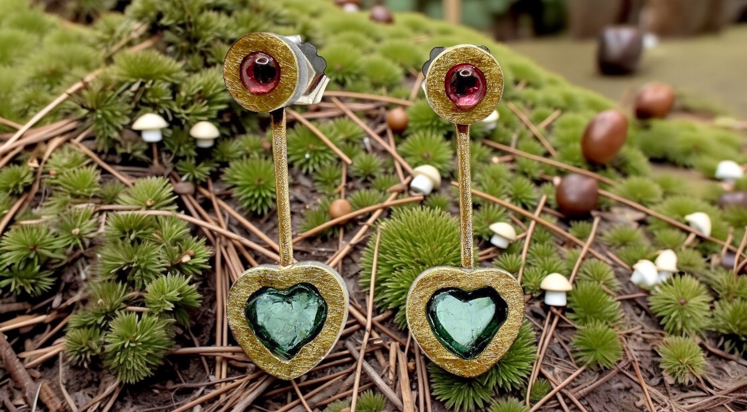 large pink and heart green tourmaline earrings in silver and gold