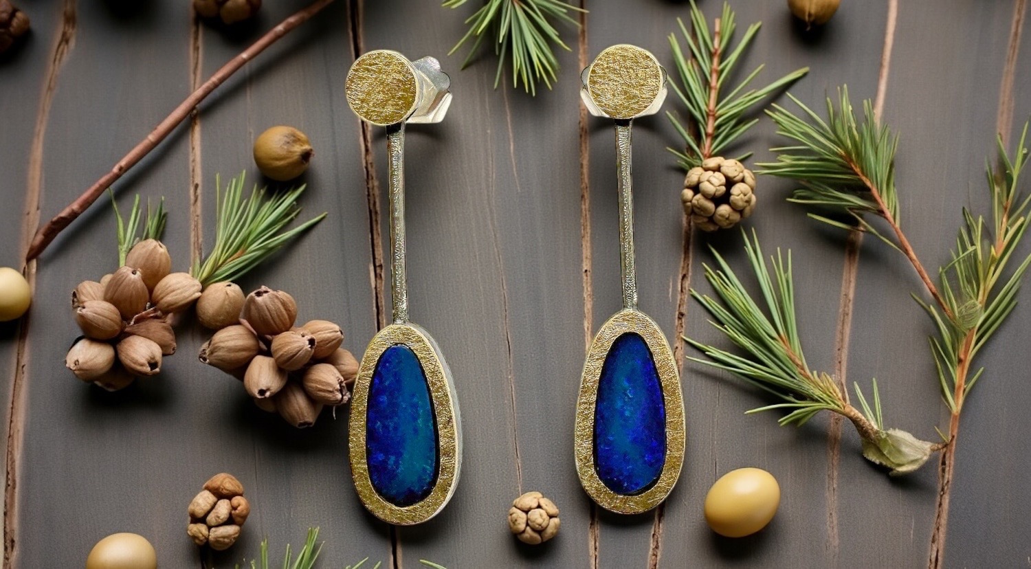 pendientes opalos azul lila largos plata oro