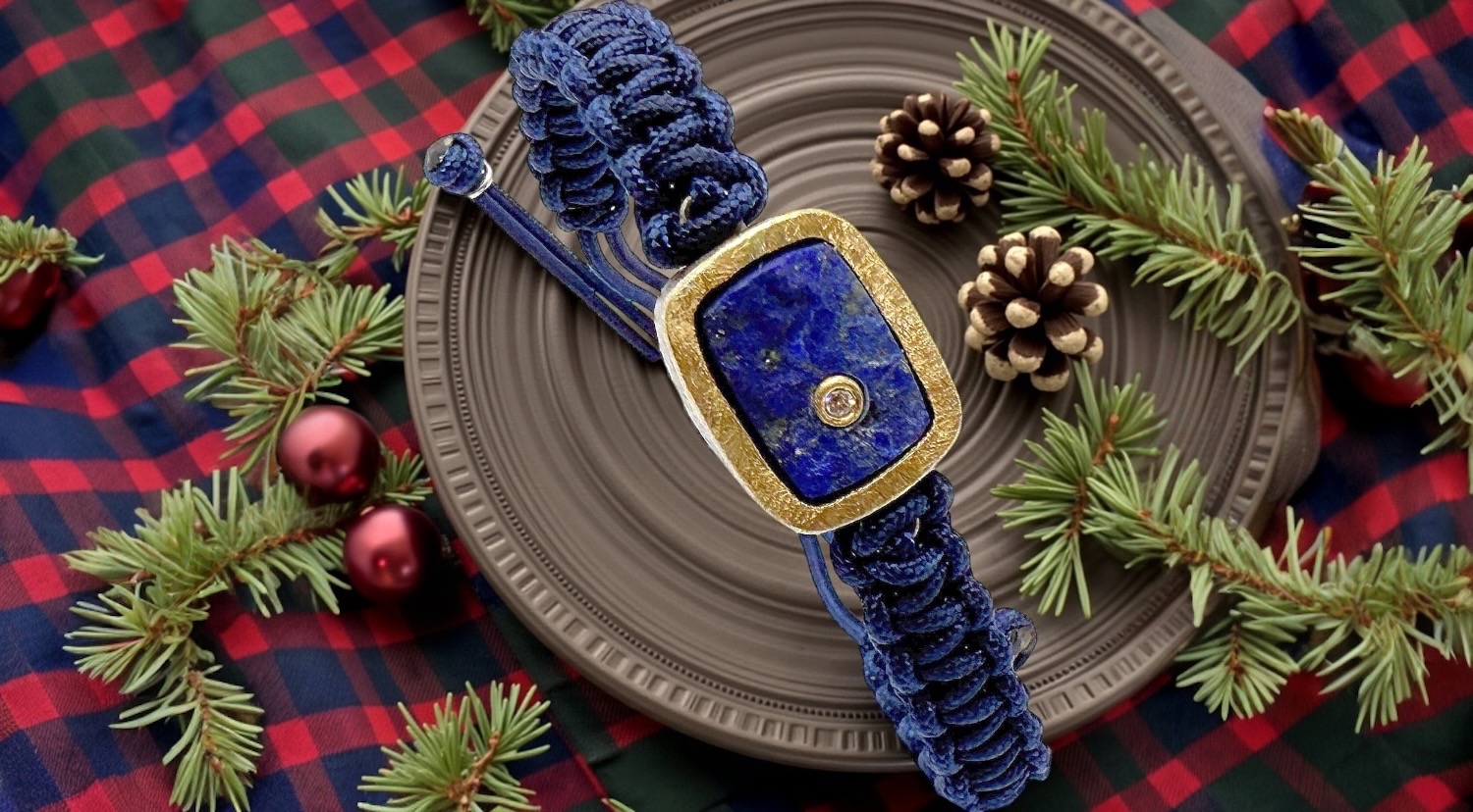 braÇalet lapislÀtzuli brut rectangular brillant macrame blau plata or