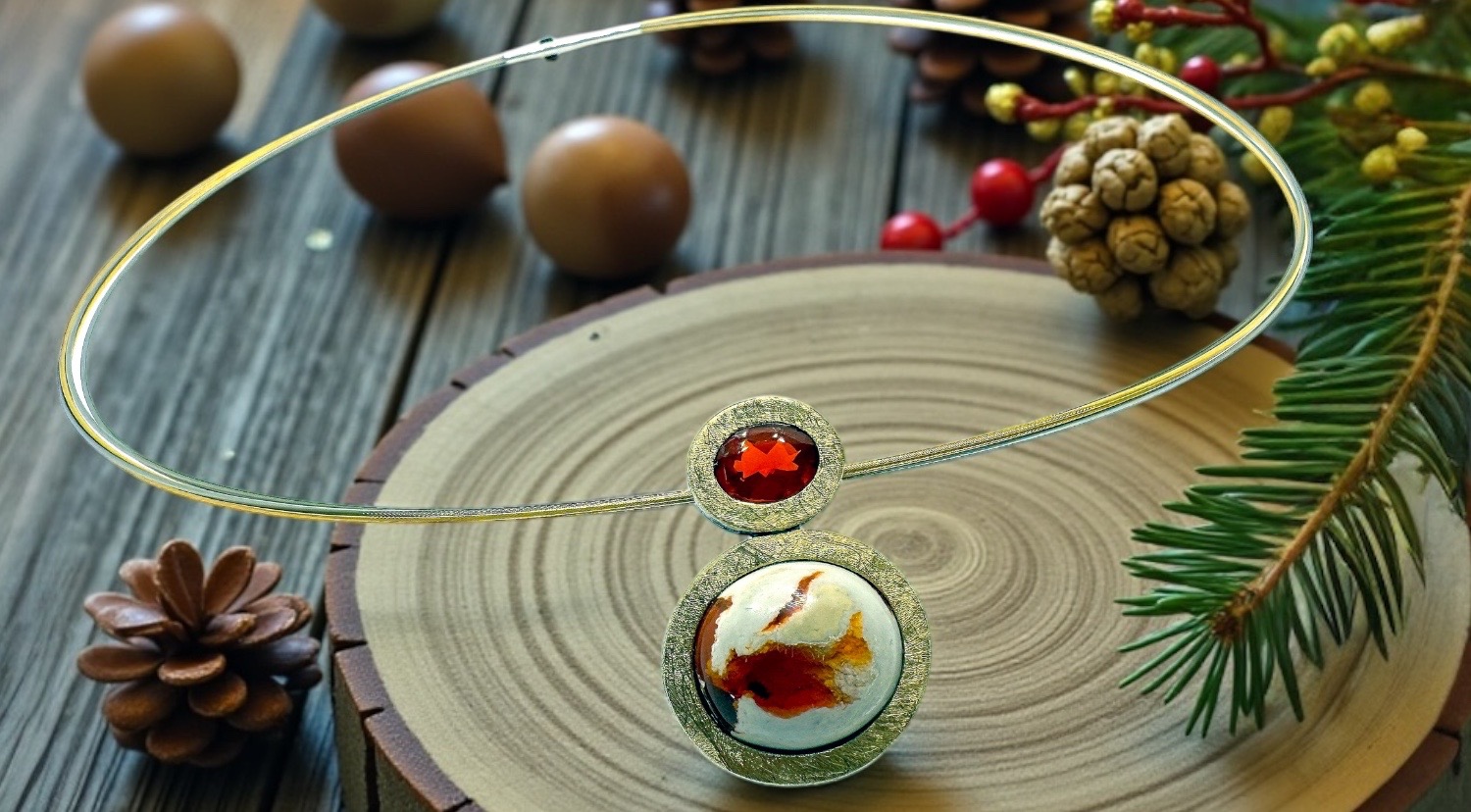 double mexican fire opal pendant in silver and gold