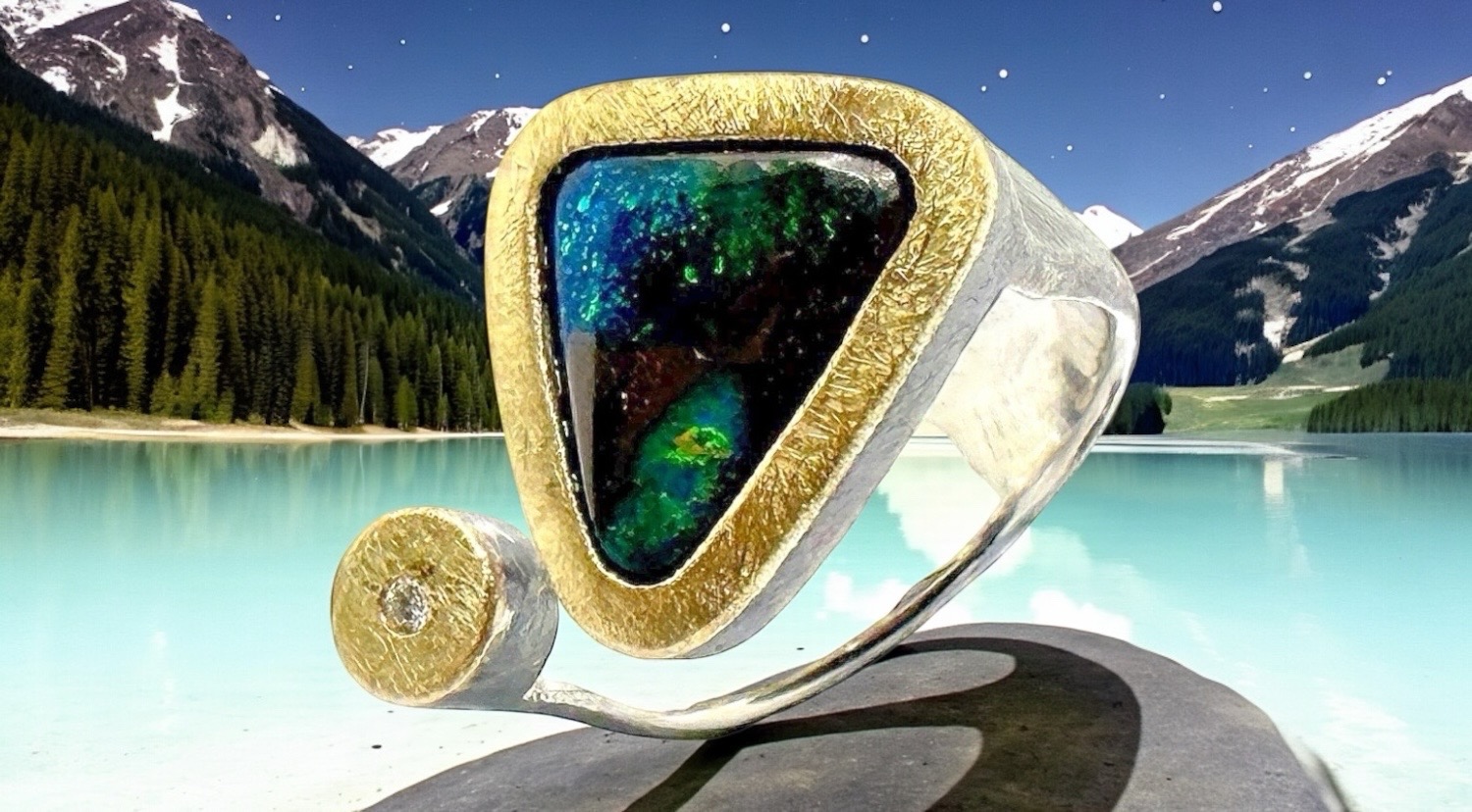 anell opal triangular muntanya brillant plata or