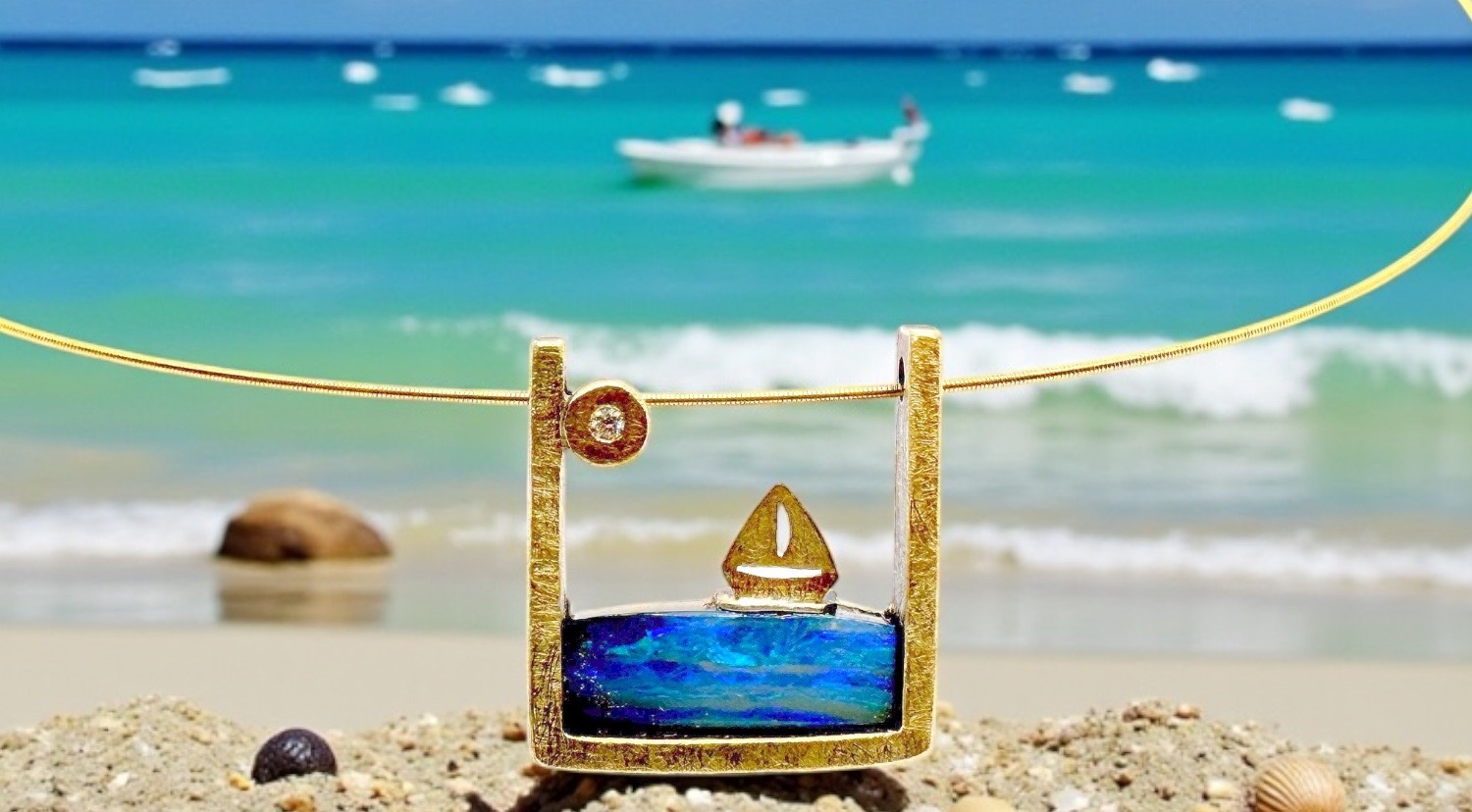 australian boulder blue opal sailboat pendant with diamond in silver and gold
