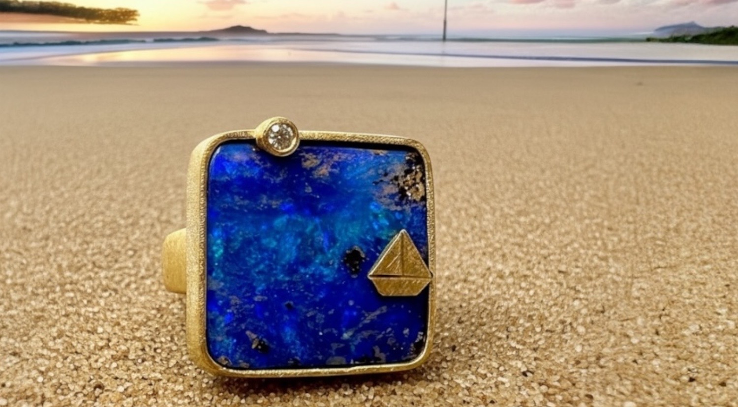 anillo opalo boulder cuadrado pÚrpura brillante oro