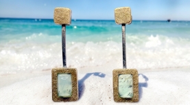 PENDIENTES OPALO AZUL ANDINO RECTANGULARES LARGOS PLATA ORO