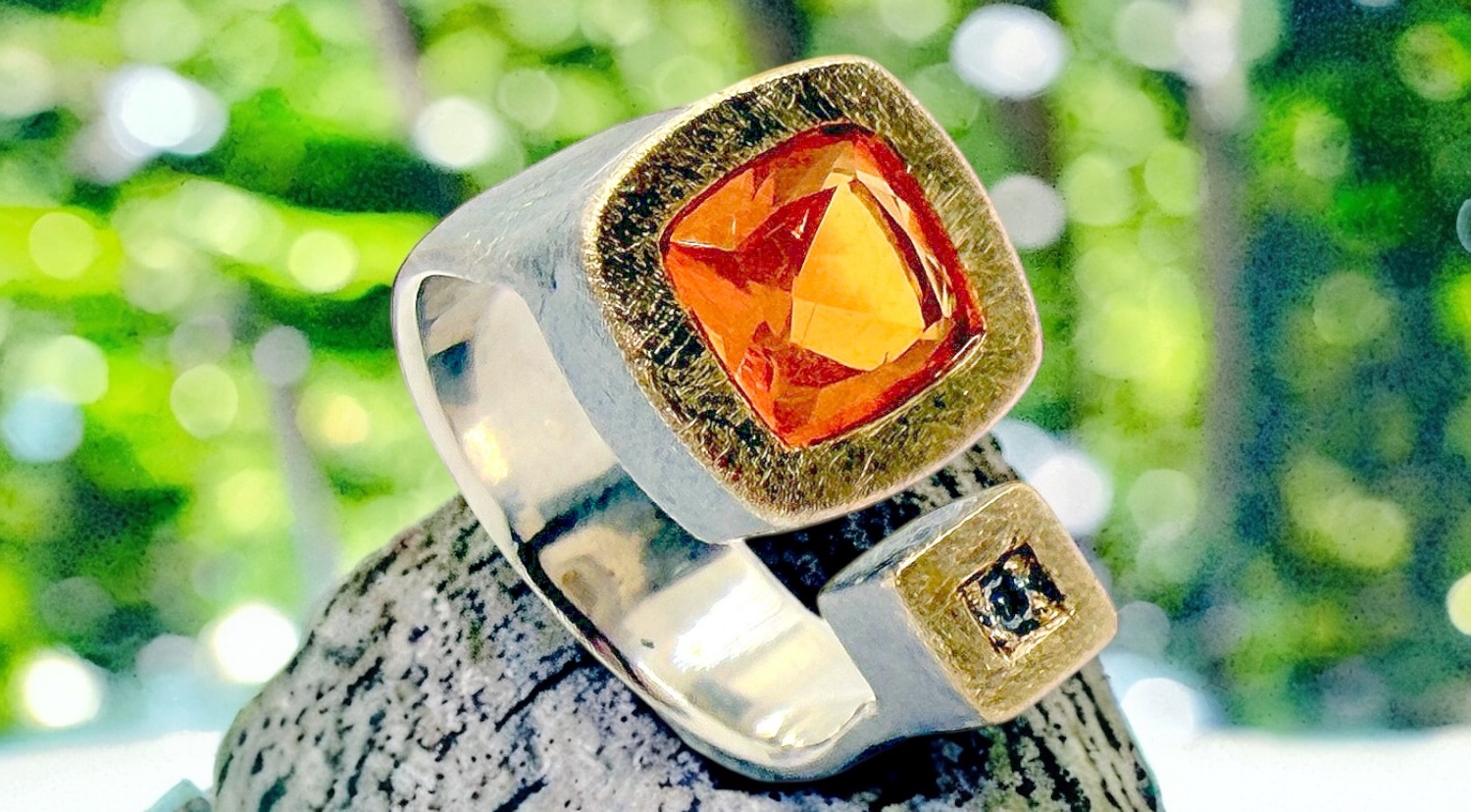 squared mexican fire opal ring with diamond in silver and gold