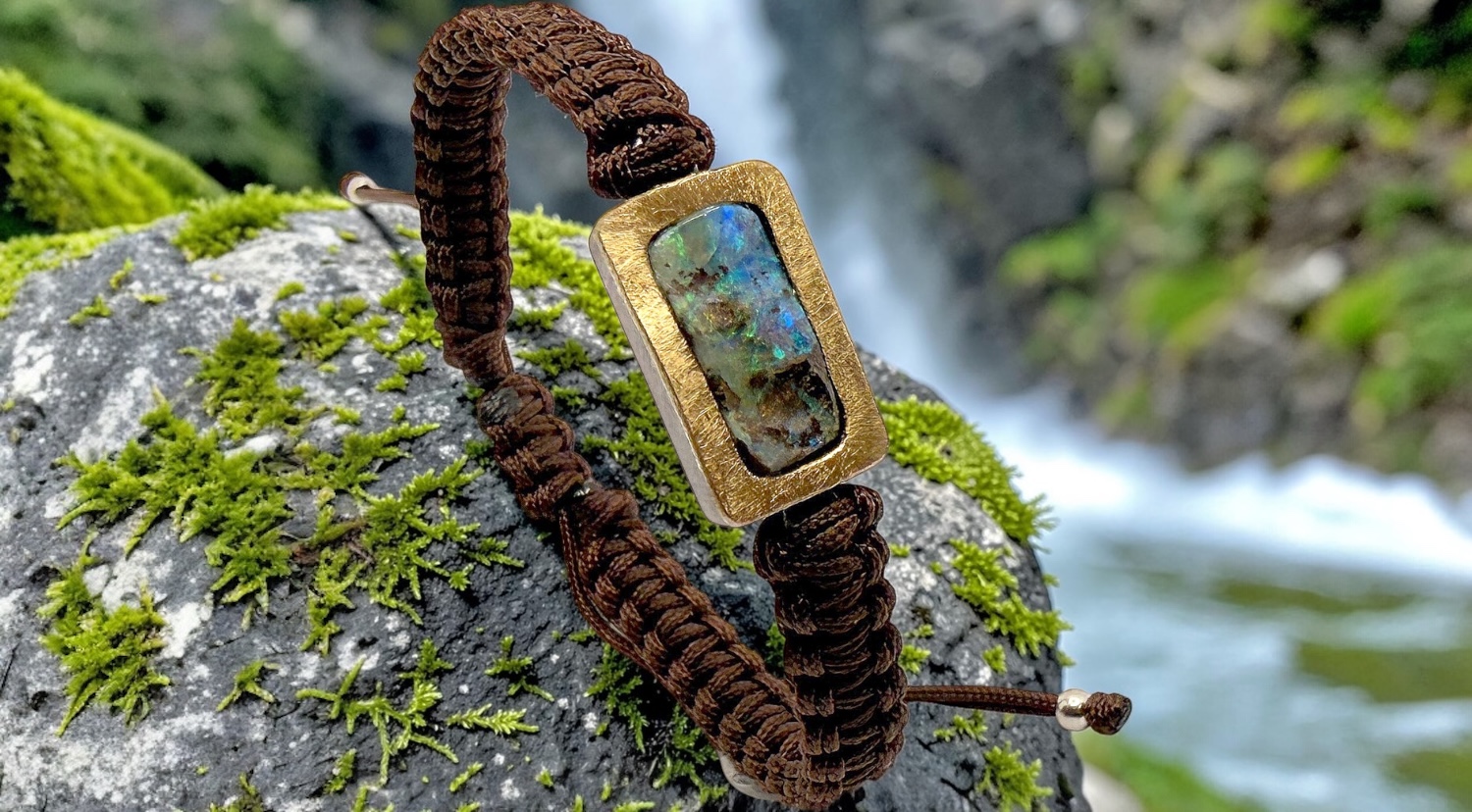 brazalete opalo boulder rectangular plata oro macramÉ marron