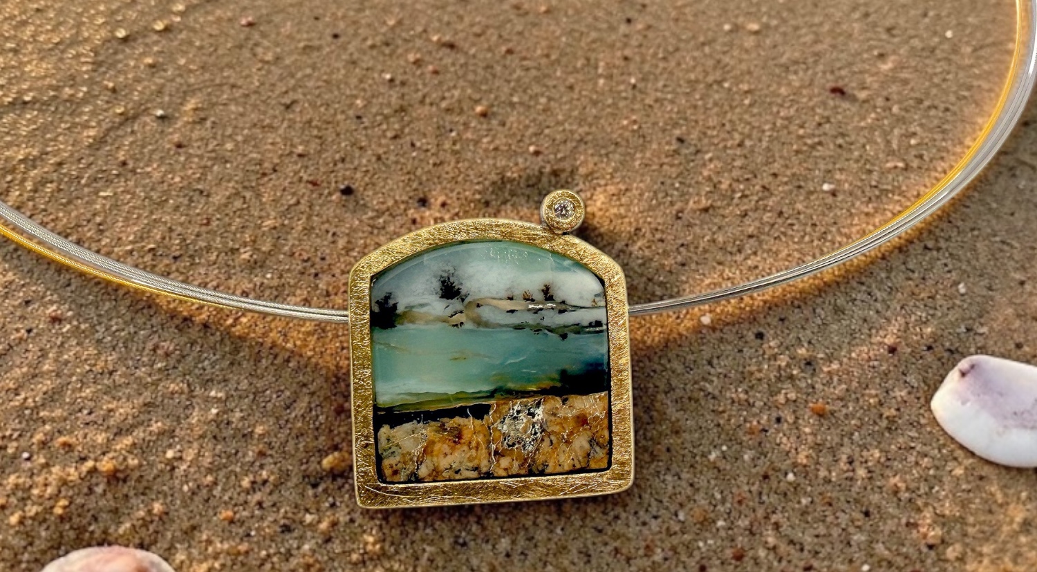 peruvian blue opal pendant with diamond in silver and gold