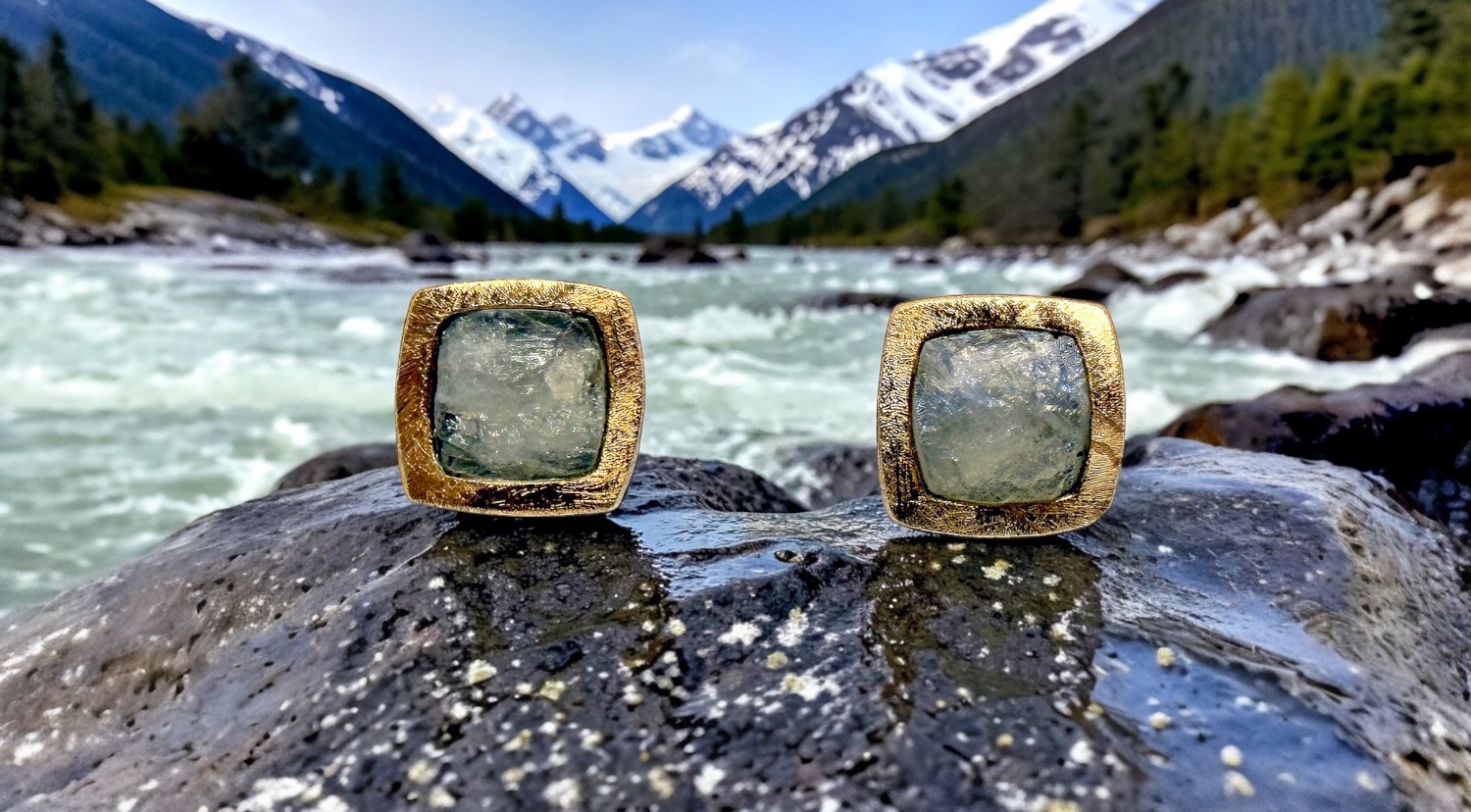 squared rough moonstone earrings in silver and gold