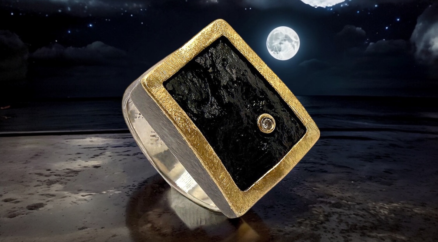 anillo turmalina negra rectangular bruto brillante plata oro