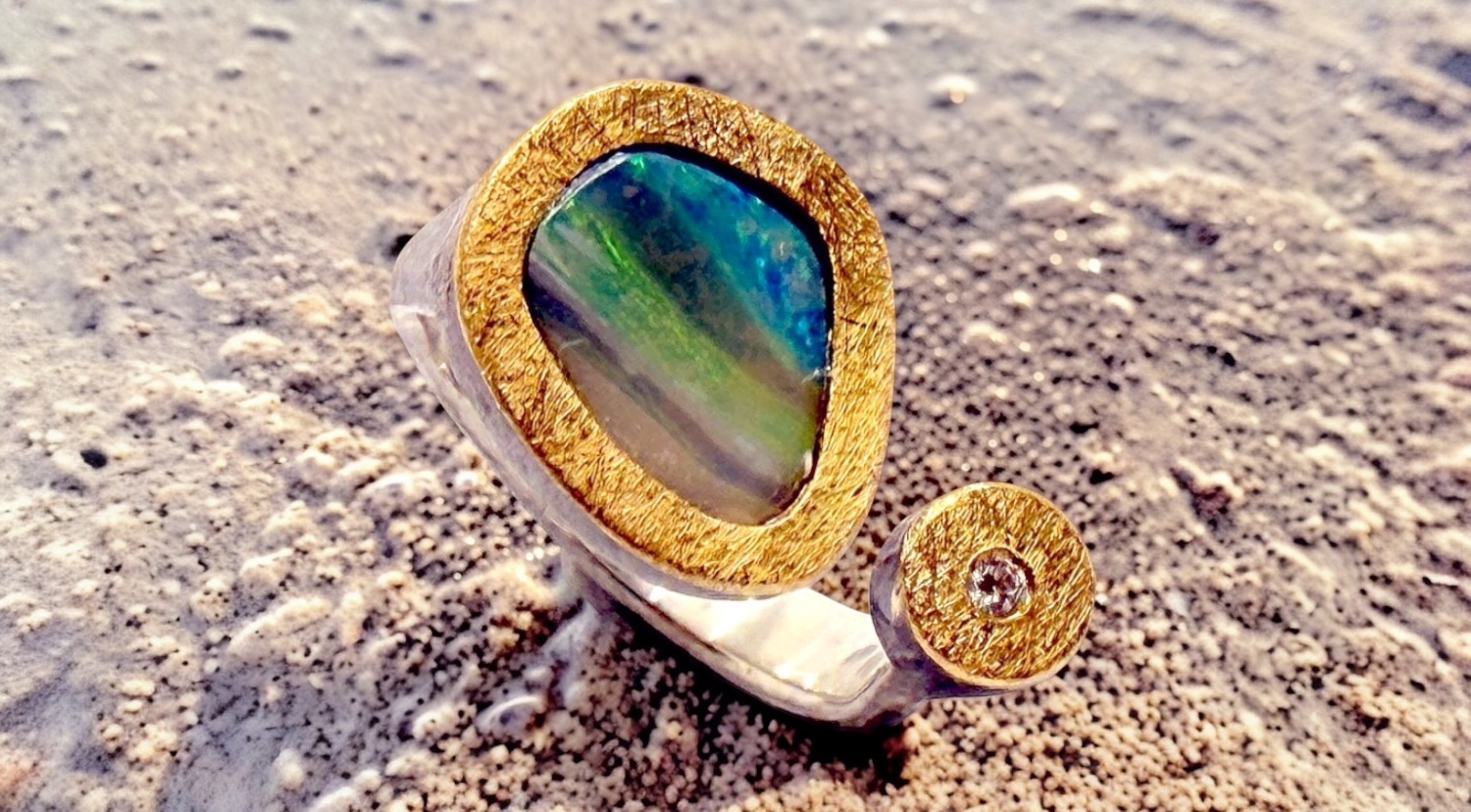 green australian boulder opal ring with diamond in silver and gold