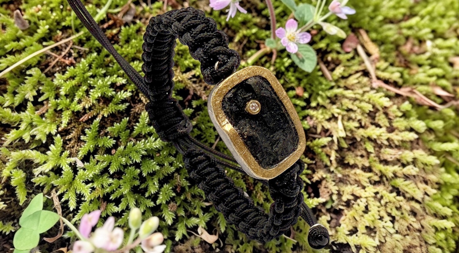 brazalete turmalina negra bruto rectangular brillante plata oro macrame negro