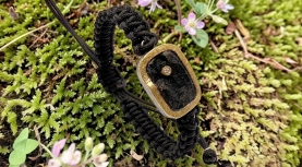 BRAZALETE TURMALINA NEGRA BRUTO RECTANGULAR BRILLANTE PLATA ORO MACRAME NEGRO
