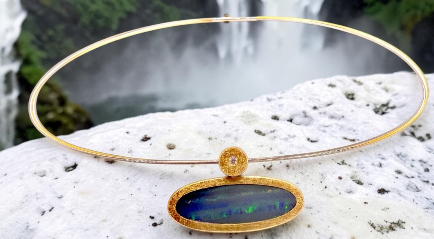 oval australian opal pendant with diamond in silver and gold