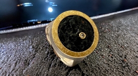 ROUND ROUGH BLACK TOURMALINE RING WITH DIAMOND IN SILVER AND GOLD
