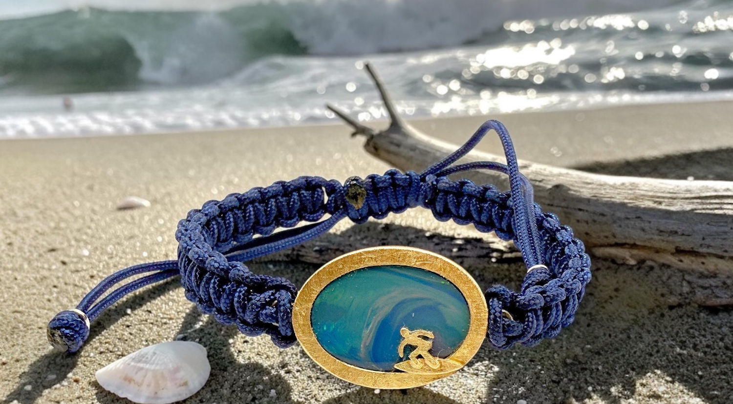 braÇalet opal onada surfero macrame blau plata or