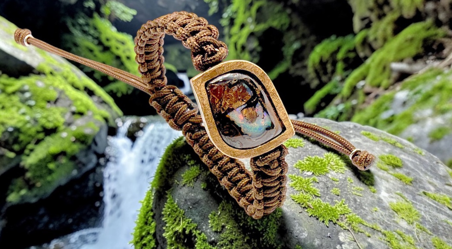 eye australian boulder opal brown macrame bracelet in silver and gold