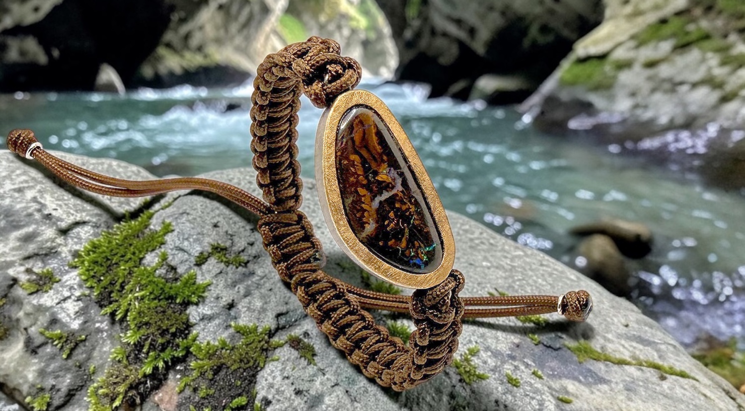 triangular australian boulder opal brown macrame bracelet in silevr and gold