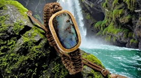 MEN RECTANGULAR AUSTRALIAN BOULDER OPAL BROWN MACRAME BRACELET IN SILVER AND GOLD
