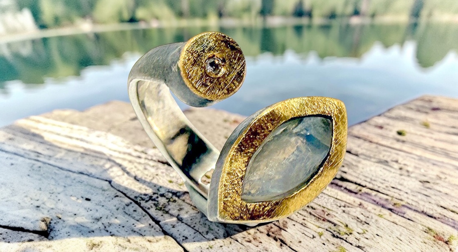 anillo piedra luna bruto navette brillante plata oro