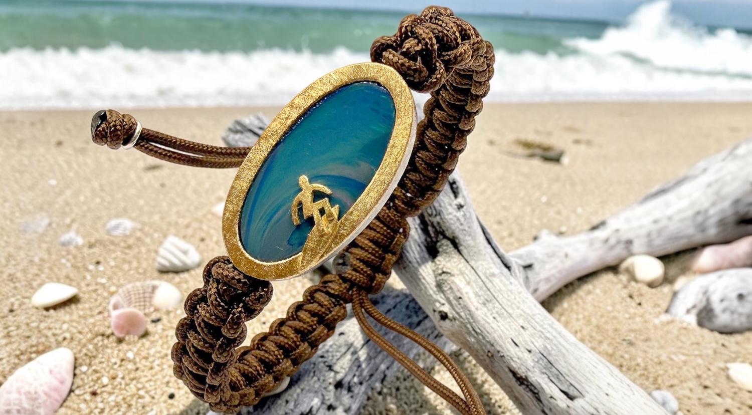 brazalete opalo azul oval largo surf macrame marron plata oro