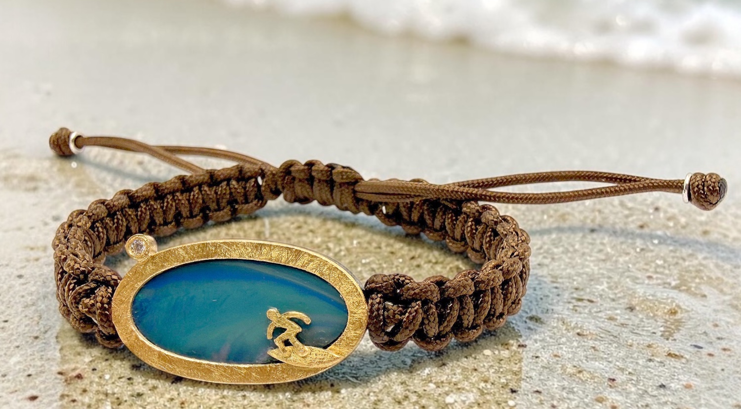 brazalete opalo azul oval largo surf brillante macrame marron plata oro