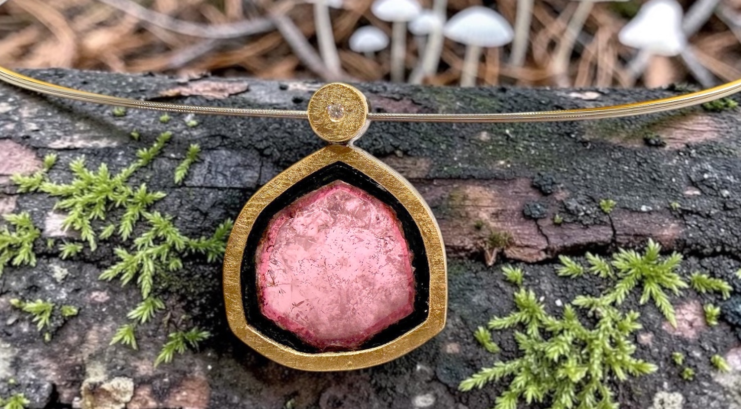 watermelon tourmaline pendant with diamond in silver and gold