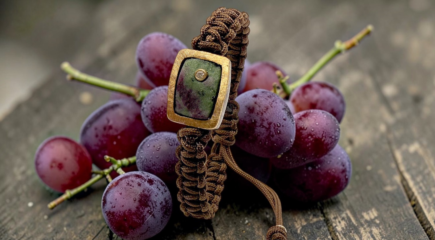 braÇalet rubi zoisita brut rectangular brillant macrame marro plata or