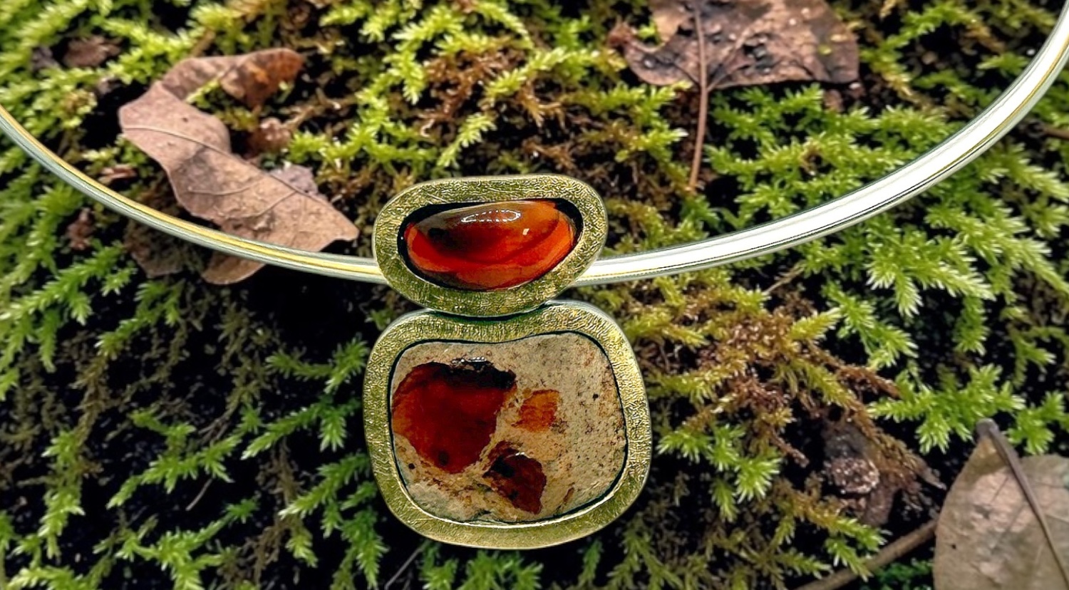 double mexican fire opal pendant in silver and gold
