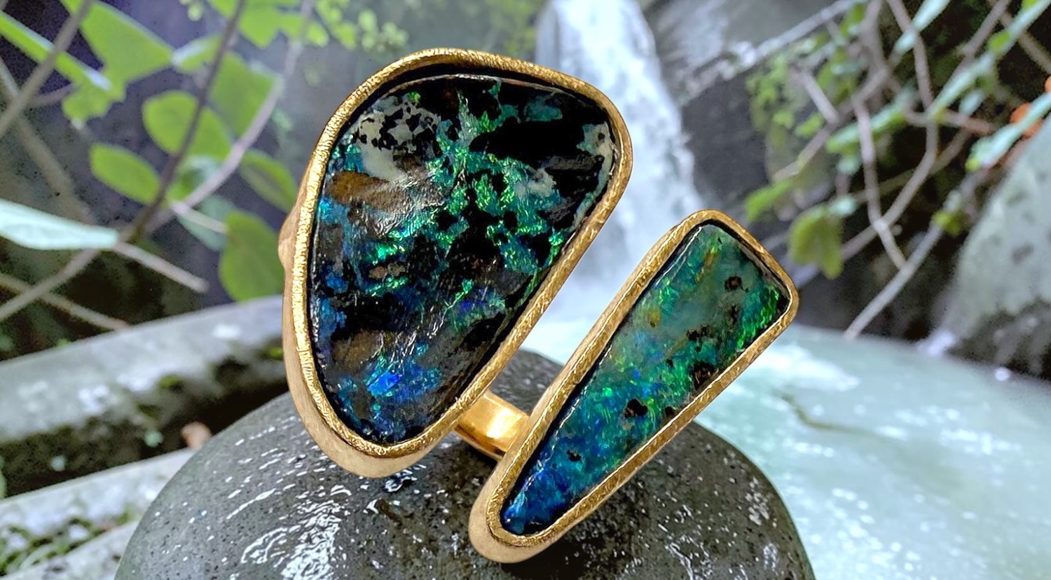 double australian boulder opal ring in gold