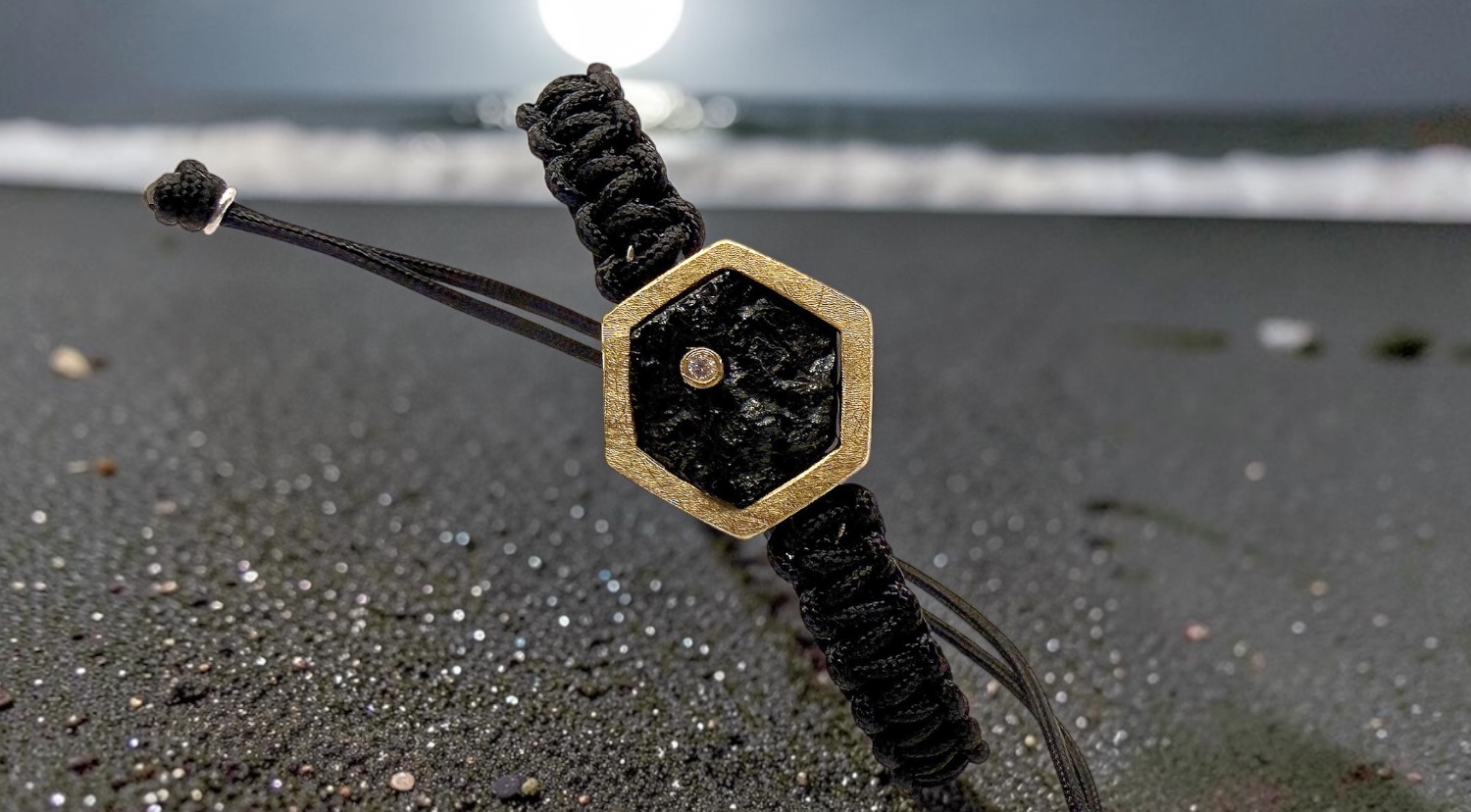 braÇalet turmalina negre brut hexagonal brillant macrame plata or
