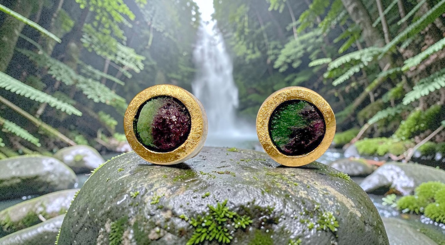 round roug rubi zoisite earrings in silver and gold