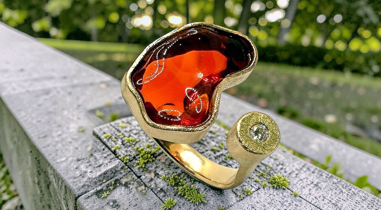 urregular mexican fire opal ring with diamond in silver and gold