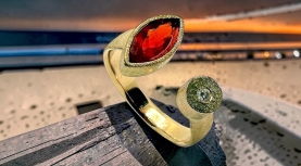 NAVETTE MEXICAN FIRE OPAL RING WITH DIAMOND IN SILVER AND GOLD