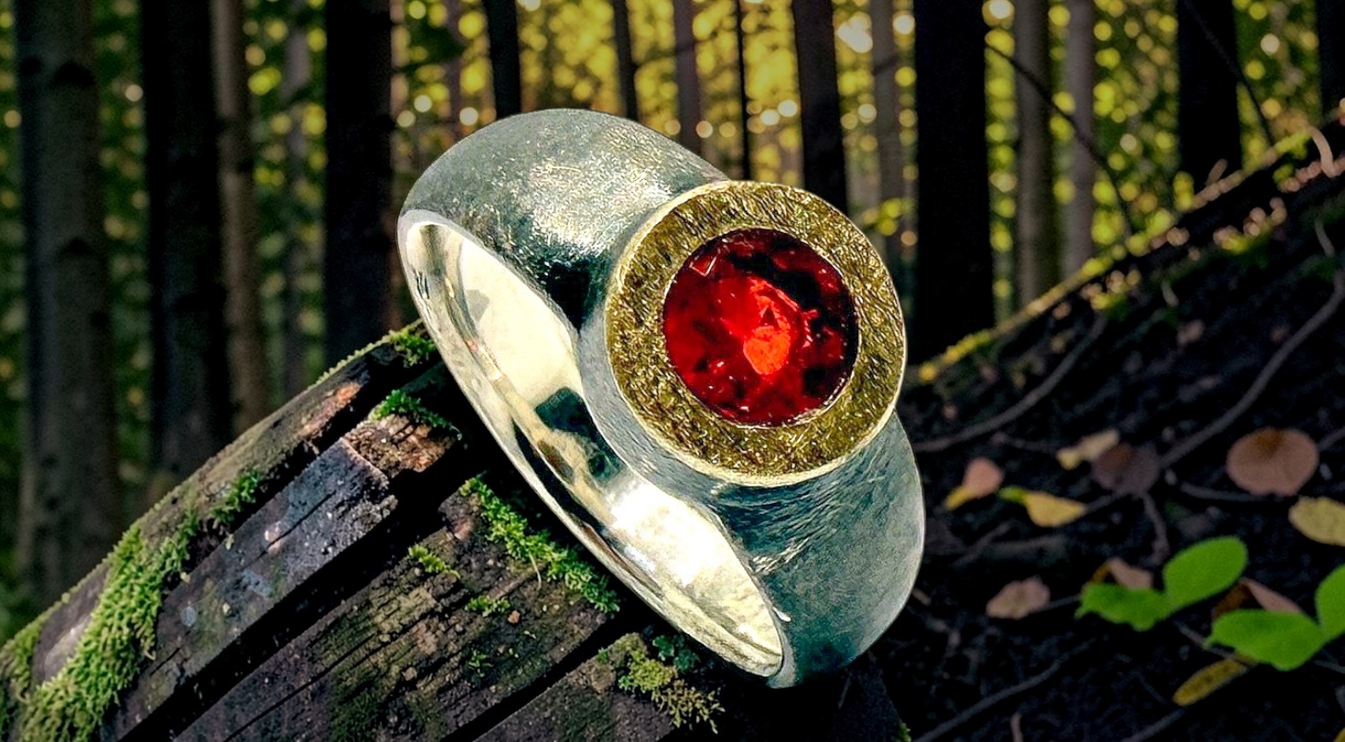 round mexican fire opal ring in silver and gold