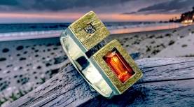 RECTANGULAR MEXICAN FIRE OPAL RING WITH DIAMOND IN SILVER AND GOLD