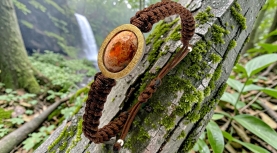 OVAL MEXICAN FIRE OPAL BROWN MACRAME BRACELET IN SILVER AND GOLD