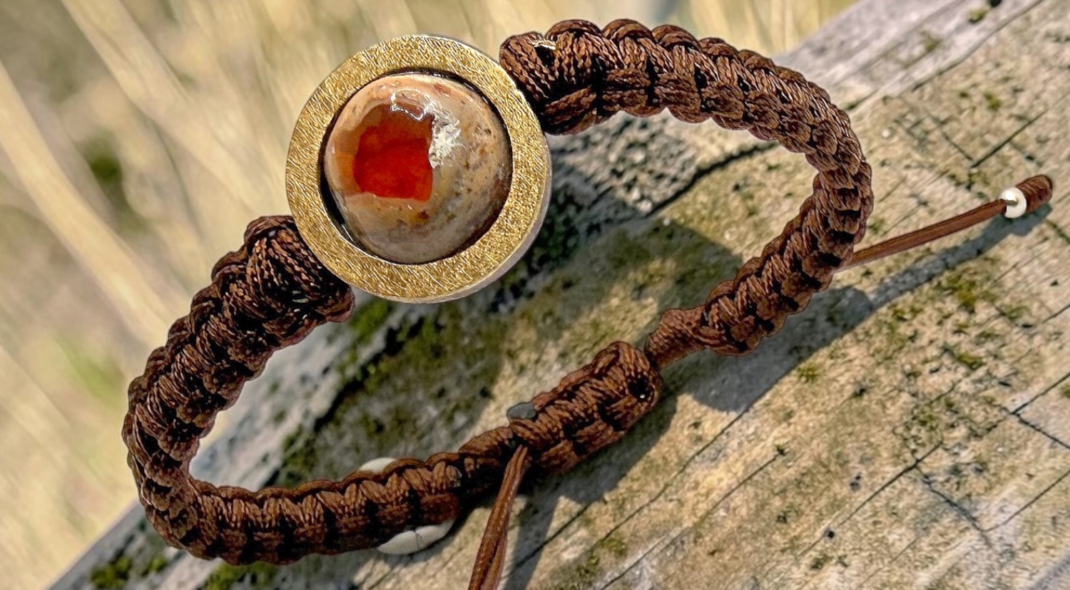 round mexican fire opal brown macrame bracelet in silver and gold