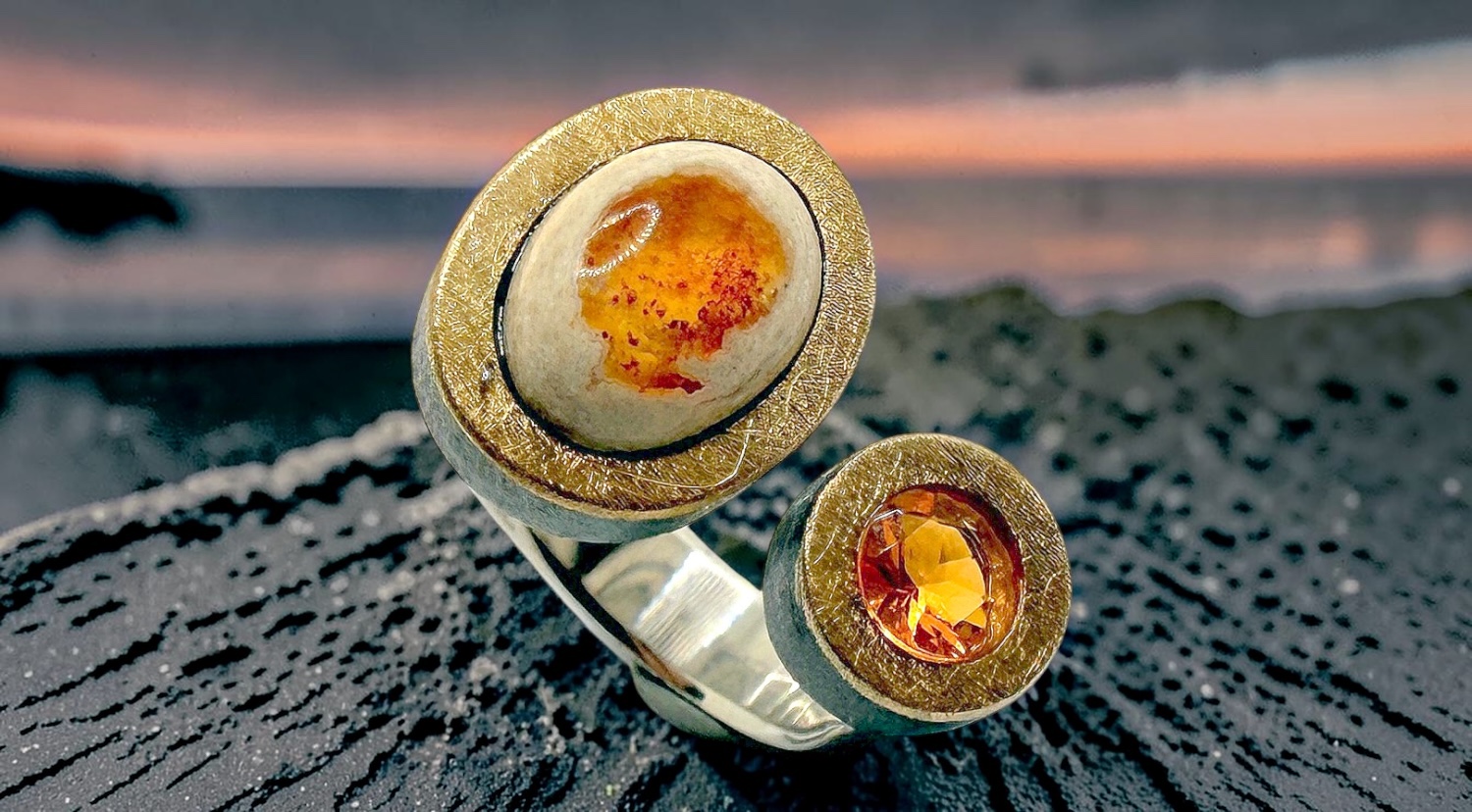 anillo opalo fuego matrix oval y opalo fuego redondo plata oro