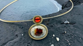 OVAL MEXICAN FIRE OPAL AND MATRIX PENDANT IN SILVER AND GOLD