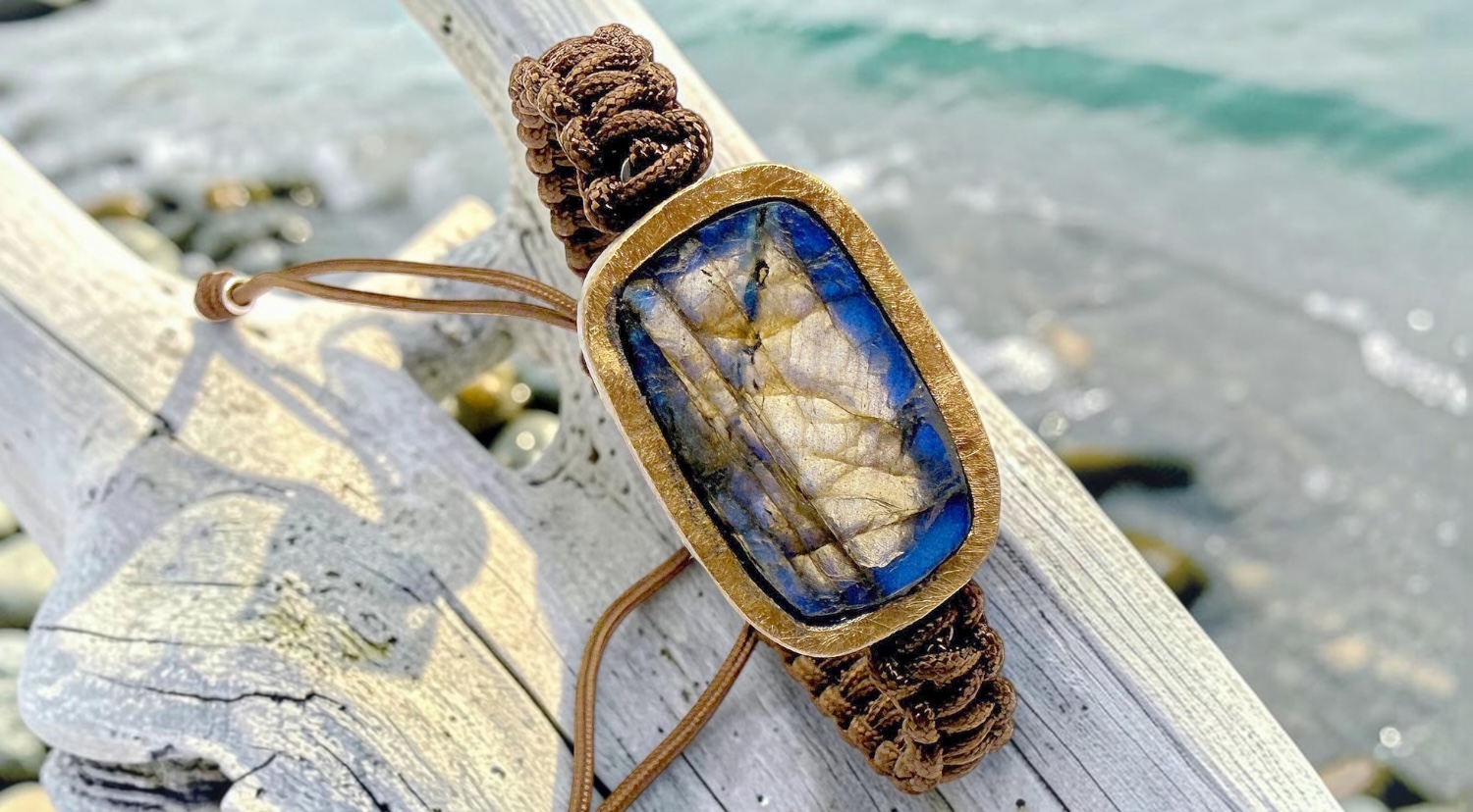 rectangular rough labradorite macrame bracelet in silver and gold